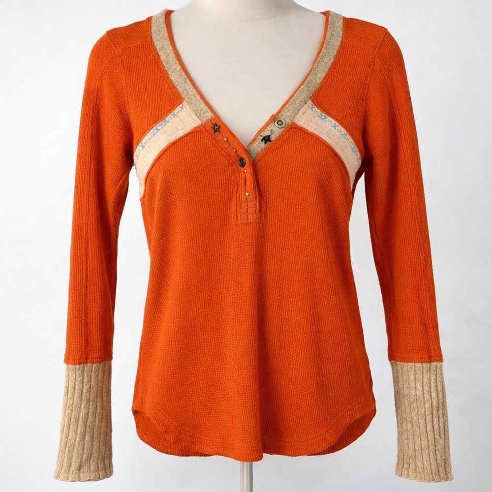 RARE Vtg Free People Nordic Nuzzle Orange Thermal Knit Henley Wool S M Y2K Indie